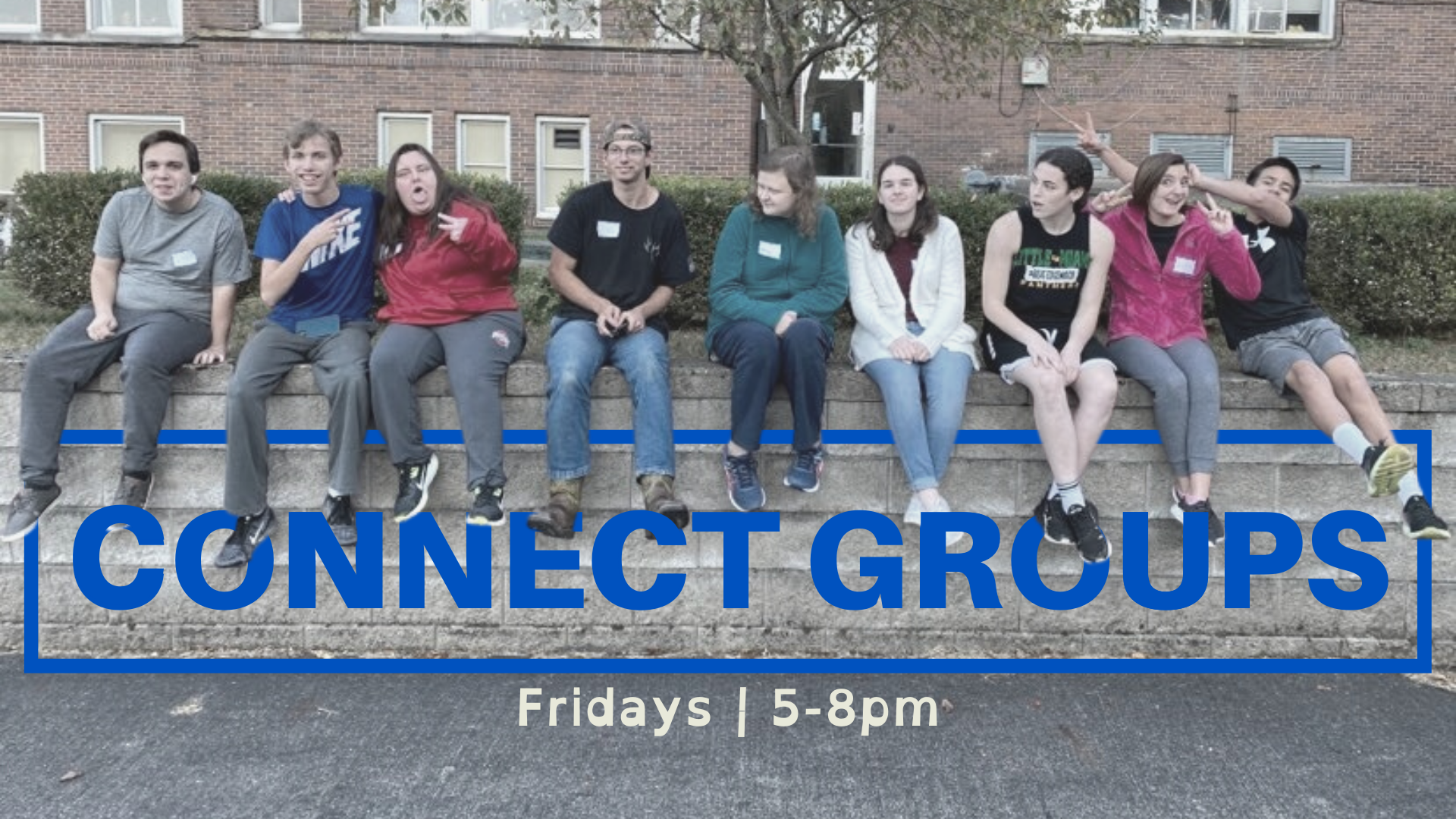 a group of young adults with blue words that say "connect groups"
